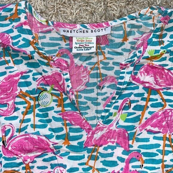 Gretchen Scott Cotton Gauze Tunic Beach Cover Up Pink Flamingos Small S EUC - Picture 2 of 15